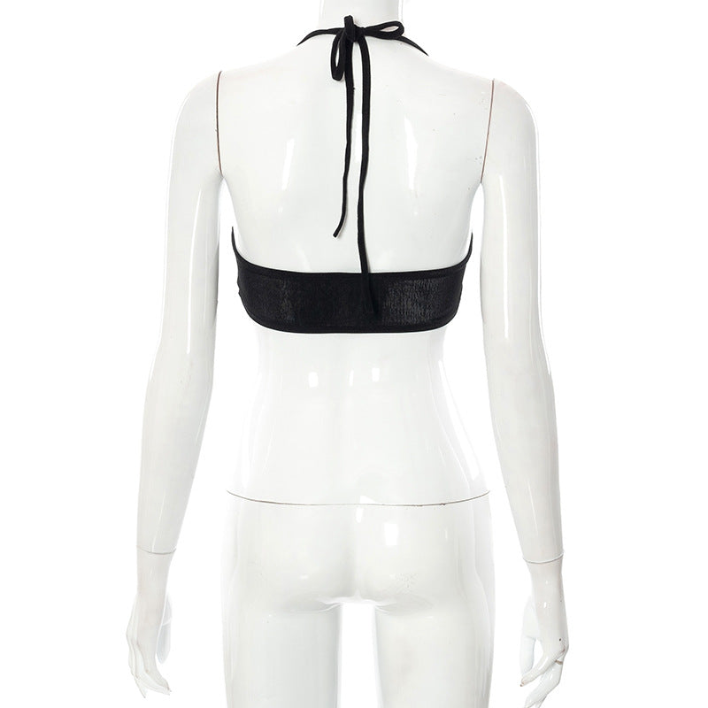 Black Lace Up Circle Rhinestone Halter Top