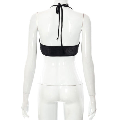 Black Lace Up Circle Rhinestone Halter Top