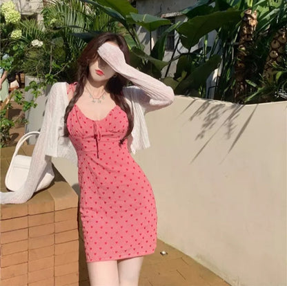 Cute Pink Heart Print Spaghetti Strap Sleeveless V-Neck Dress Summer Aesthetic Casual E-Girl Kawaii Korean Japanese Harajuku