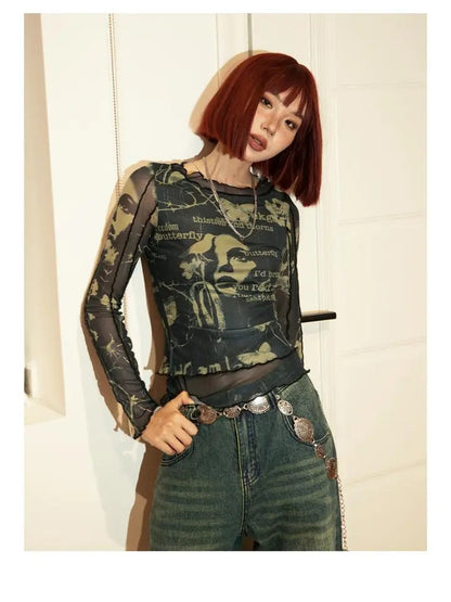Butterfly Print Mesh Long Sleeve Shirt