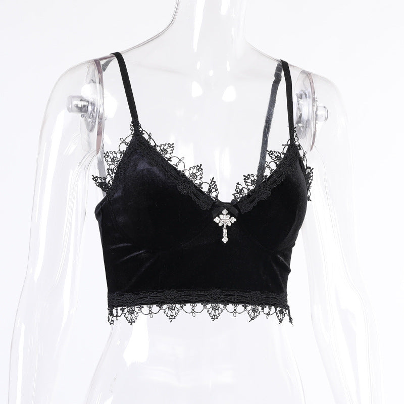 Cute Sexy Black Lace Trim Cross Goth Punk Backless Crop Top Tank Sleeveless Shirt Summer Casual E-Girl Kawaii Korean Japanese Harajuku Streetwear