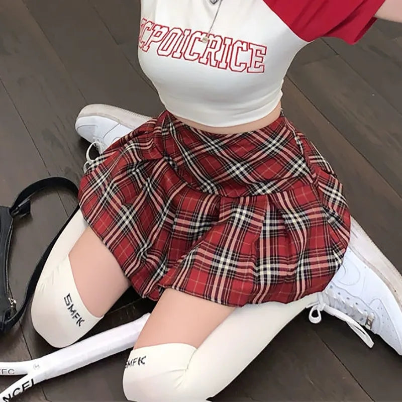 Red Plaid Pleated Mini Skirt