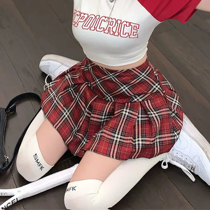 Red Plaid Pleated Mini Skirt