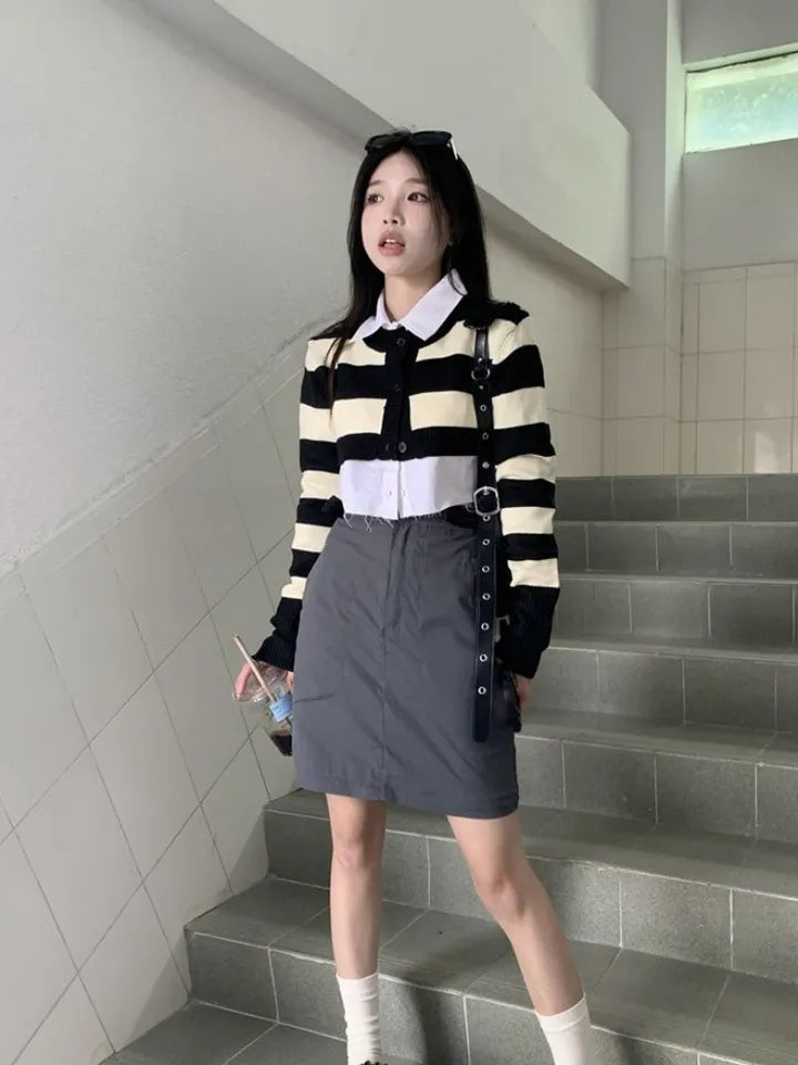 2PCS Stripe Sweater + White Shirt