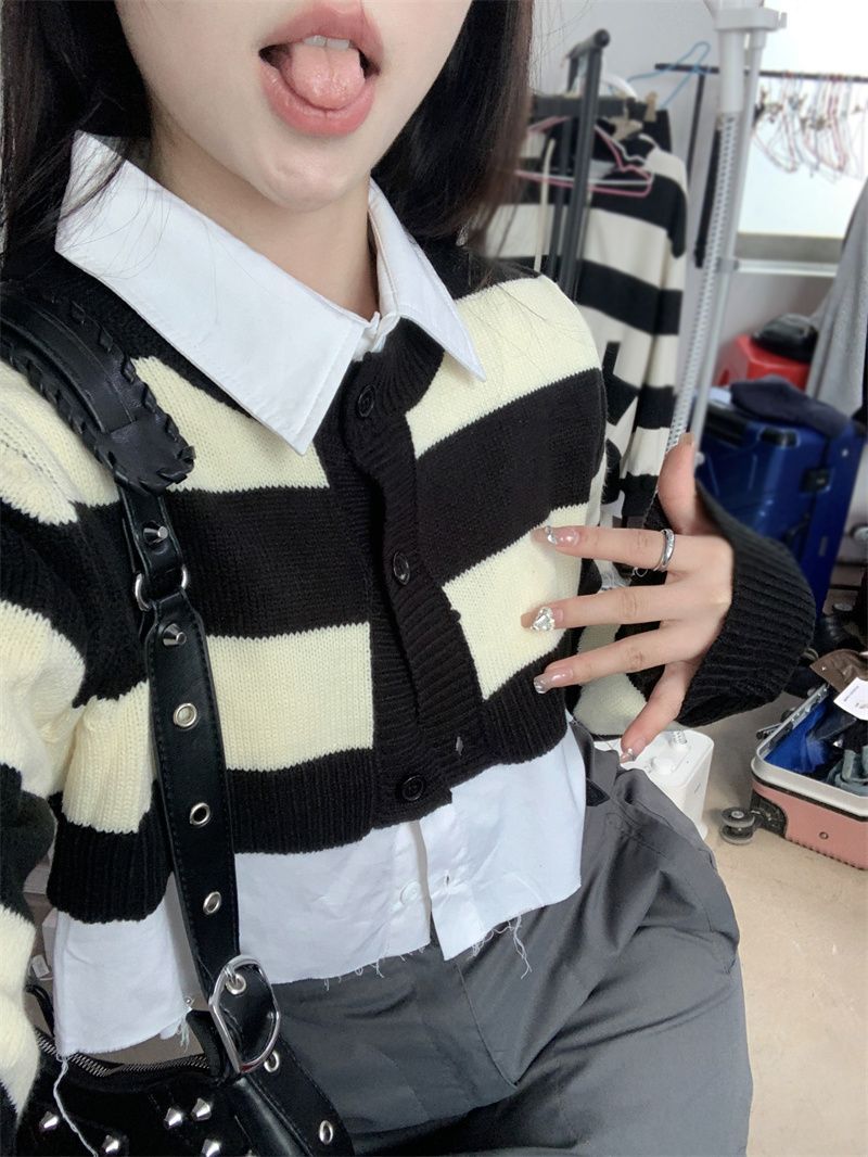 2PCS Stripe Sweater + White Shirt