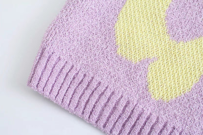 Purple & Yellow Flower Print Patchwork Sweater