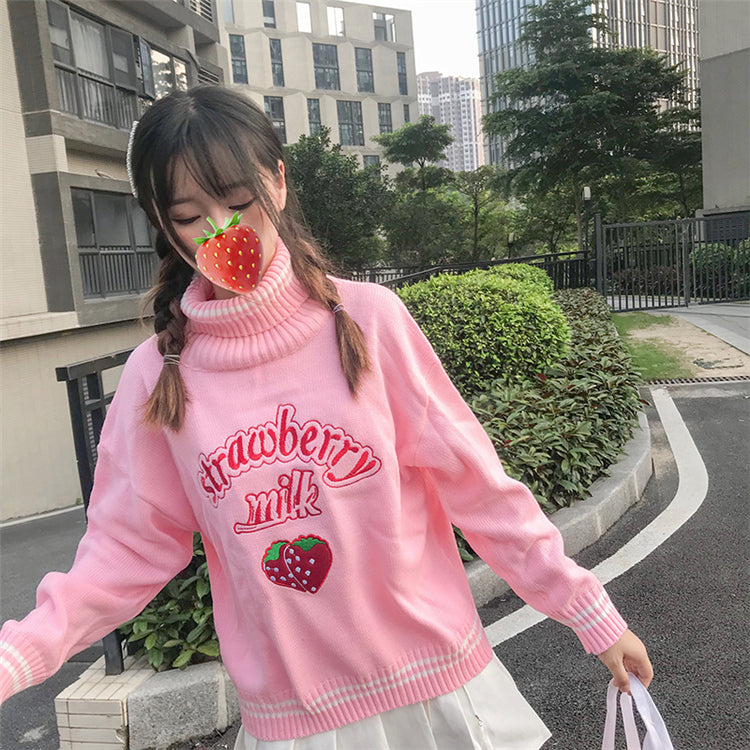 Cute Pastel Pink Strawberry Milk Turtleneck Knit Sweater Sweatshirt Jumper Long Sleeve Pullover E-Girl Kawaii Korean Japanese Harajuku Streetwear