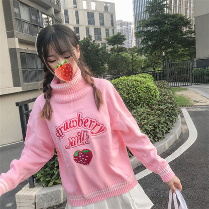 Cute Pastel Pink Strawberry Milk Turtleneck Knit Sweater Sweatshirt Jumper Long Sleeve Pullover E-Girl Kawaii Korean Japanese Harajuku Streetwear