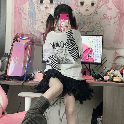 Cat Anime Print Loose Stripe Long Sleeve T-shirt