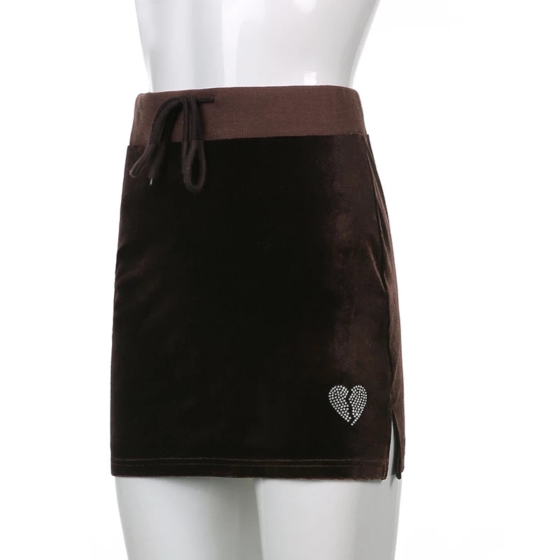 Cute Sexy Brown Rhinestone Crystal Heart Velvet Slit Low Waisted Mini Skirt Bottoms Aesthetic Casual Summer E-Girl Kawaii Korean Japanese Harajuku