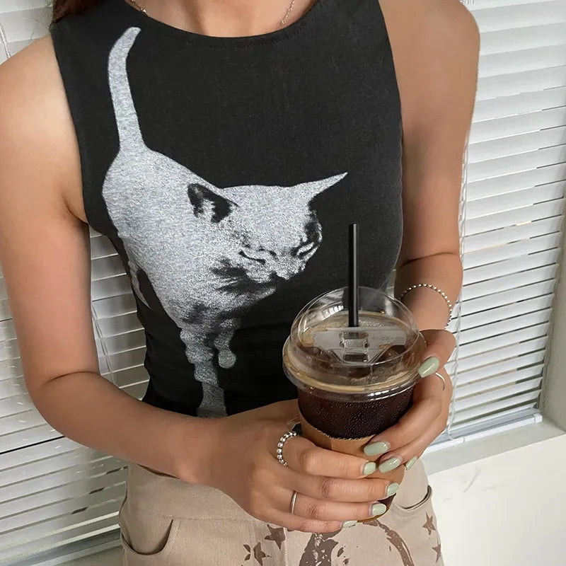 Black Cat Graphic Print Crop Top