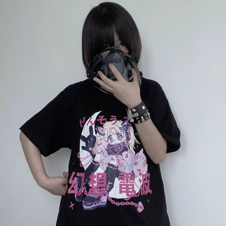 Anime Cartoon Print Grunge Loose Steampunk Goth Punk Short Sleeve Shirt T-shirt Top Summer Causal E-Girl Kawaii Korean Japanese Harajuku Streetwear