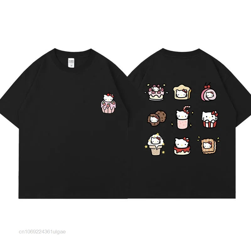 Cat Anime Dessert Print Short Sleeve T-shirt