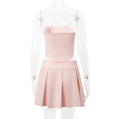 2PCS Pink Side Cross Strapless Top + Pleated Mini Skirt