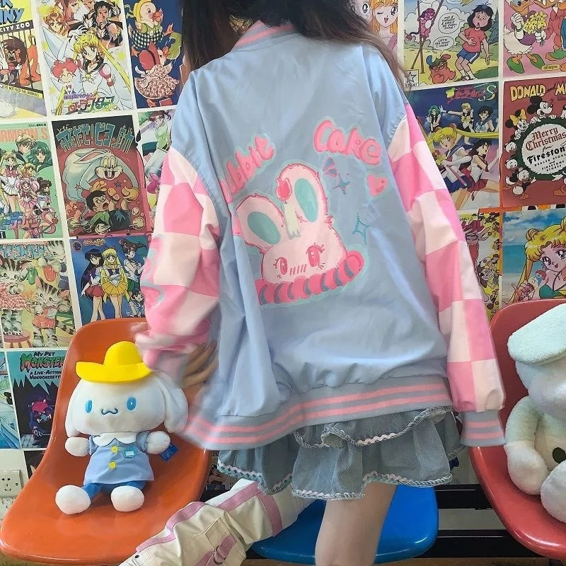 Blue & Pink Rabbit Patchwork Varsity Jacket