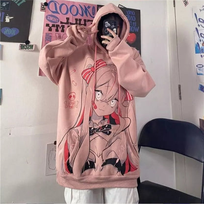Cute Pink Anime Girl Cartoon Graphic Print Oversized Fleece Hoodie Sweatshirt Aesthetic Casual E-Girl Kawaii Korean Japanese Harajuku