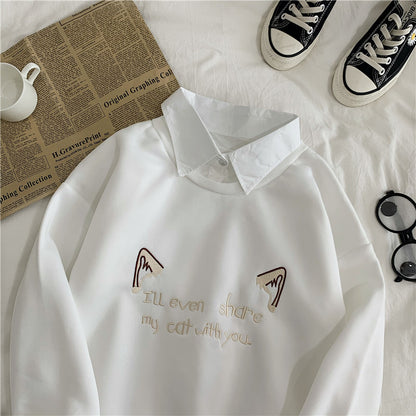 Cute Cat Kitten Print Polo Collar 2 Pcs Sweatshirt Sweater Pullover Jumper Long Sleeve Shirt Casual E-Girl Kawaii Korean Japanese Harajuku Streetwear