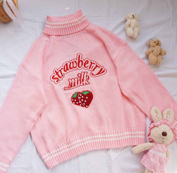 Cute Pastel Pink Strawberry Milk Turtleneck Knit Sweater Sweatshirt Jumper Long Sleeve Pullover E-Girl Kawaii Korean Japanese Harajuku Streetwear