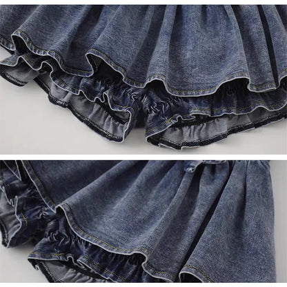 Denim Bow Ruffle Low Waist Skirt
