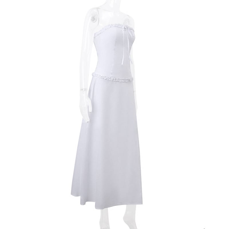 2PCS White Strapless Lace Ruffle Top + Long Skirt Set