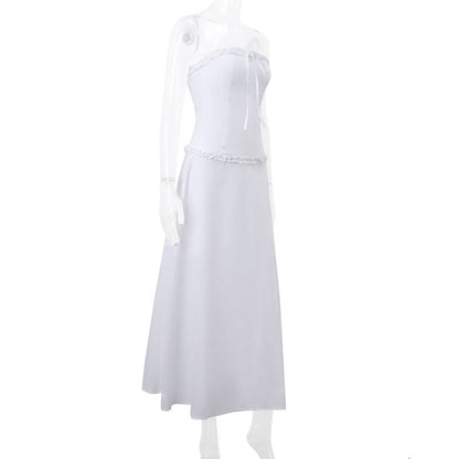 2PCS White Strapless Lace Ruffle Top + Long Skirt Set