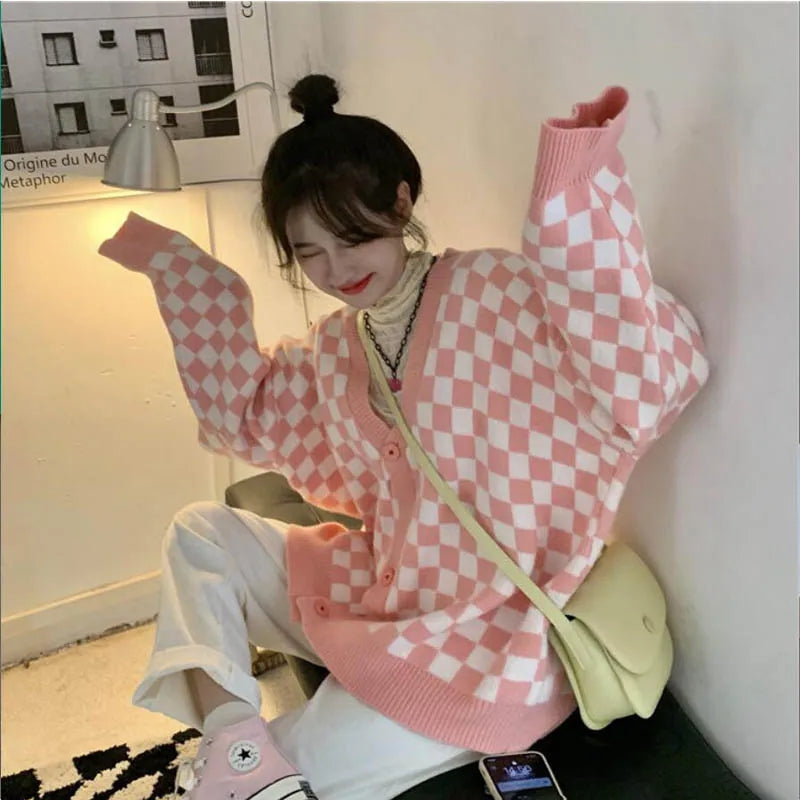 Pink Checkered Button Knit Cardigan