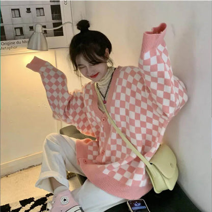 Pink Checkered Button Knit Cardigan