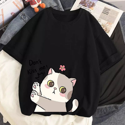 Cute Cat Kitten Don't Kiss Me Graphic Cartoon Print Loose Short Sleeve T-shirt Aesthetic Casual Summer E-Girl Kawaii Korean Japanese Harajuku