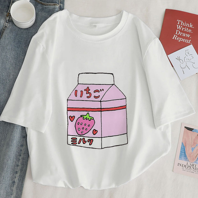 Cute Pink Peach Milk Carton Box Graphic Cartoon Print Loose Short Sleeve Short T-shirt Top Casual E-Girl Kawaii Korean Japanese Harajuku Streetwear