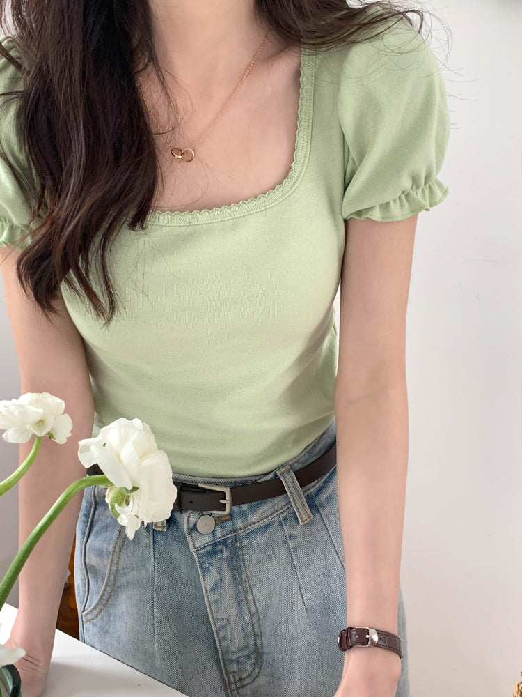 Green Puff Sleeve Square Collar Top