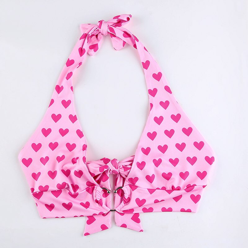 Cute Pink Heart Print Halter Bustier Crop Top Sleeveless Backless Lace Up Bralette Summer Casual E-Girl Kawaii Korean Japanese Harajuku Streetwear