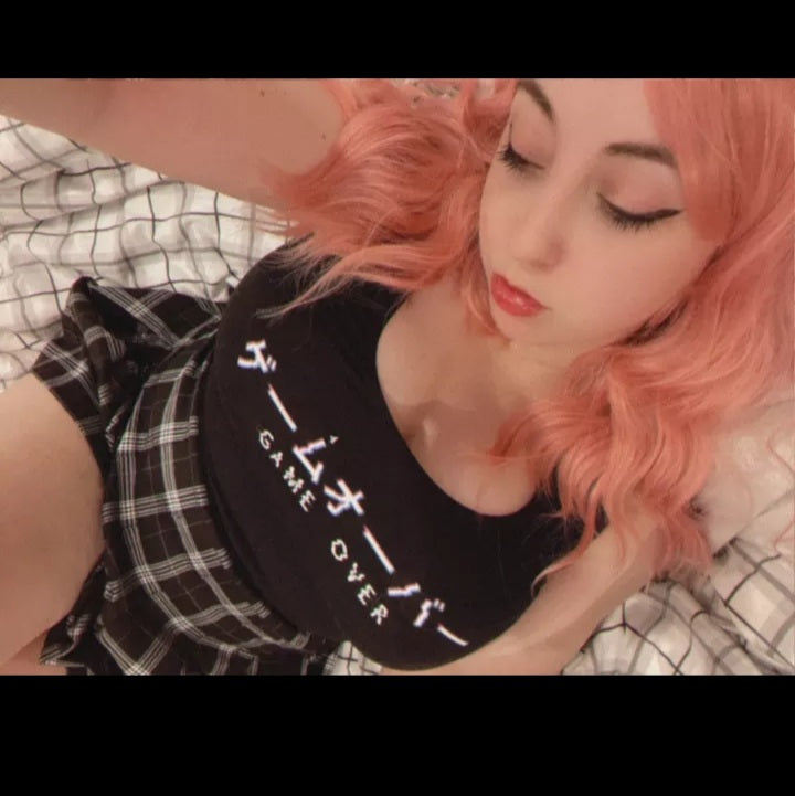 Cute Black Kanji Game Over Vaporwave Crop Top Tank Sleeveless Shirt Aesthetic Casual E-Girl Kawaii Korean Japanese Harajuku