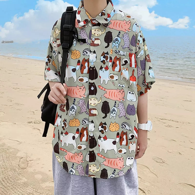 Cute Vintage Unisex Cat Cartoon Print Loose Short Sleeve Shirt Button Up Aesthetic Casual Summer E-Girl Kawaii Korean Japanese Harajuku