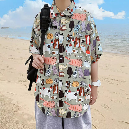Cute Vintage Unisex Cat Cartoon Print Loose Short Sleeve Shirt Button Up Aesthetic Casual Summer E-Girl Kawaii Korean Japanese Harajuku