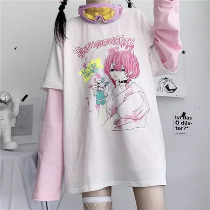 Goth Anime Girl Cartoon Print Loose Casual Sweatshirt Sweater Long Sleeve Shirt Pullover Jumper E-Girl Kawaii Korean Japanese Harajuku Streetwear