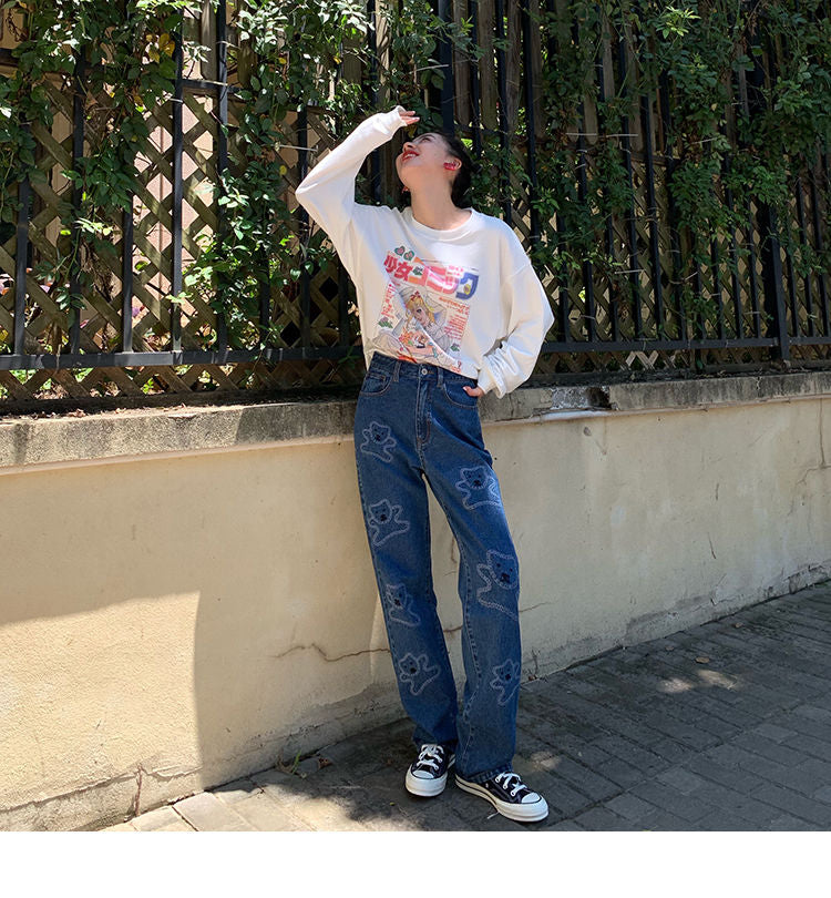 White Vintage Anime Girl Cartoon Print Graphic Long Sleeve Sweatshirt Sweater Pullover Jumper Causal E-Girl Kawaii Korean Japanese Harajuku Streetwear