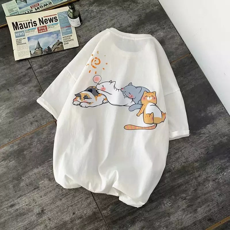 Cute Napping Cat Cartoon Print Short Sleeve Shirt Tees Aesthetic Casual Summer E-Girl Kawaii Korean Japanese Harajuku
