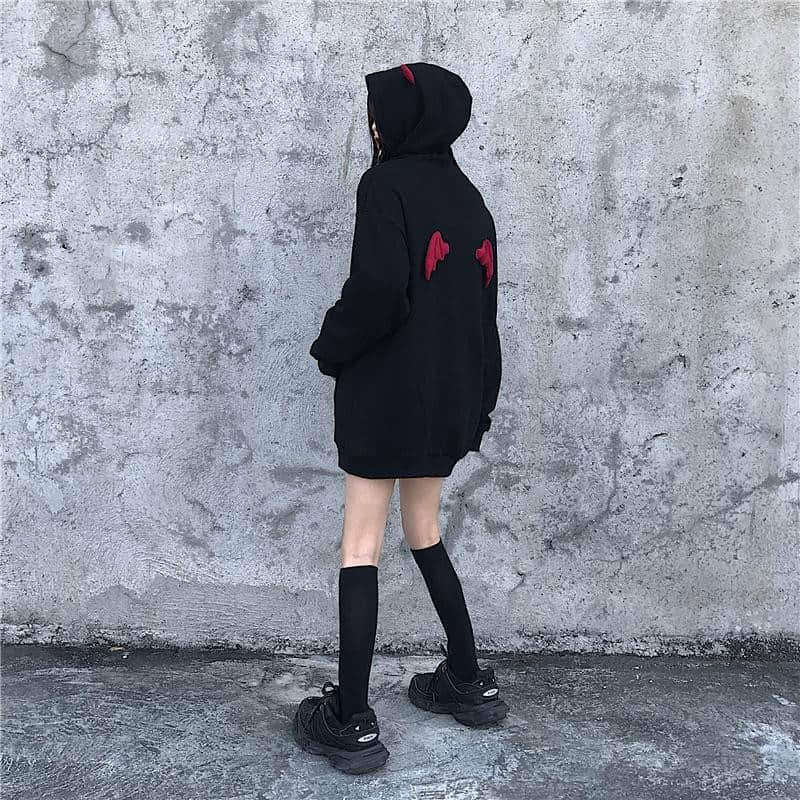 Cute Black Demon Wing Devil Horns Oversized Hoodie Long Sleeve Shirt Sweater Sweatshirt Punk Goth E-Girl Kawaii Korean Japanese Harajuku Streetwear
