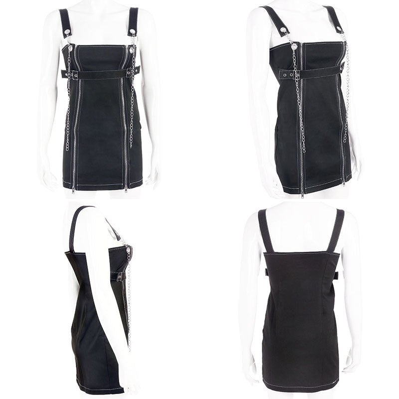 Sexy Black Casual Chain Metal Sling Belt Zipper Short Mini Dress Punk Goth E-Girl Kawaii Korean Japanese Harajuku Streetwear