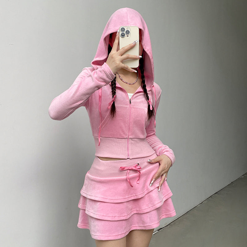 2PCS Pink Zipper Hoodie + Tiered Mini Skirt Set