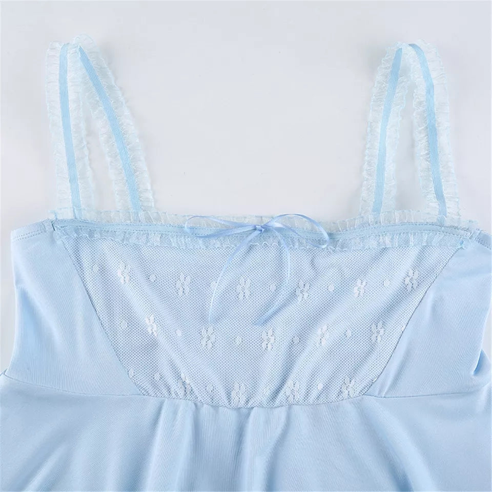 Blue Square Neck Elegant Ruffle Hem Camisole