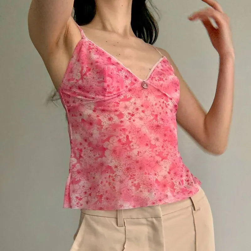 Pink Floral Mesh Sheer V-Neck Crop Top