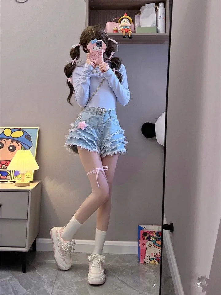 Blue Denim Ruffle Star High Waist Shorts