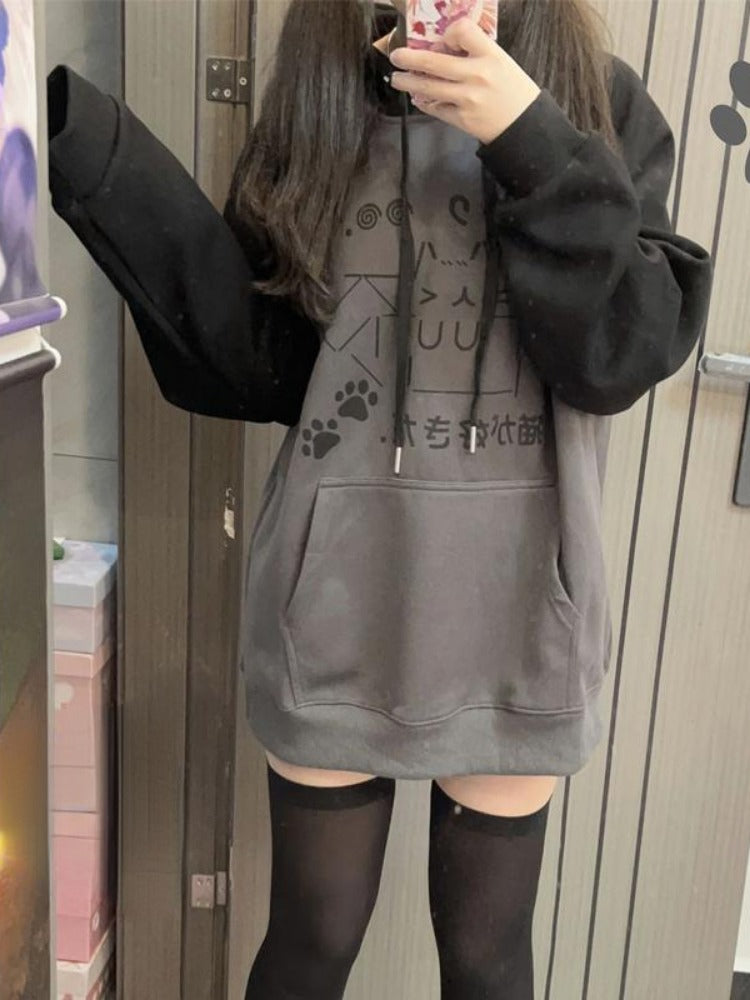 Cat Print Patchwork Hoodie