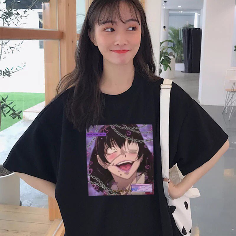 Cute Yandere Anime Girl Cartoon Print Short Sleeve Tee Shirt T-shirt Top Punk Goth Summer Casual E-Girl Kawaii Korean Japanese Harajuku Streetwear