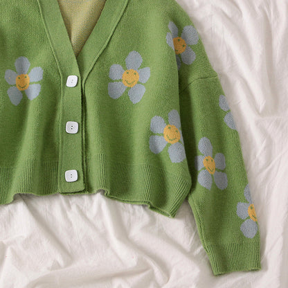Cute Vintage Flower V Neck Long Sleeve Knit Cardigan Sweater Sweatshirt Pullover Jumper E-Girl Kawaii Korean Japanese Harajuku Streetwear