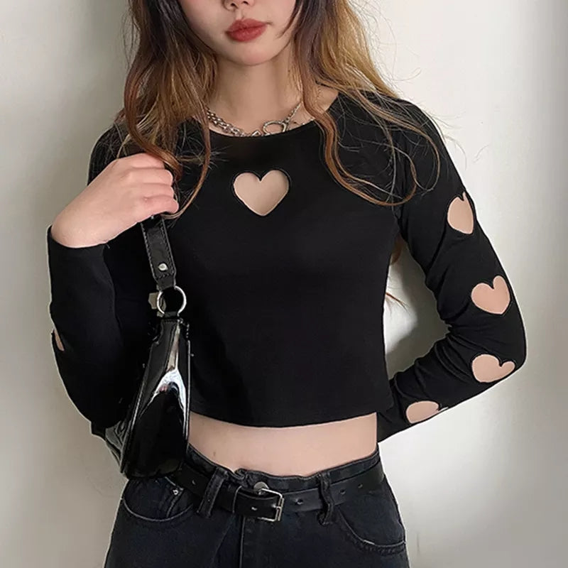 Black Heart Hollow Out Long Sleeve Shirt