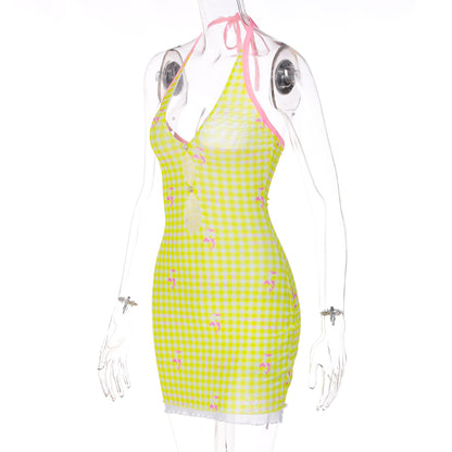Yellow Plaid V Neck Halter Mini Dress