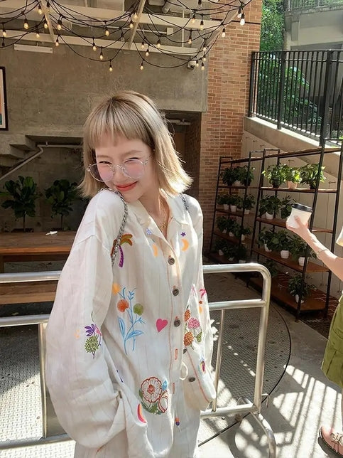 Sweet Embroidery Stripe Long Sleeve Blouse