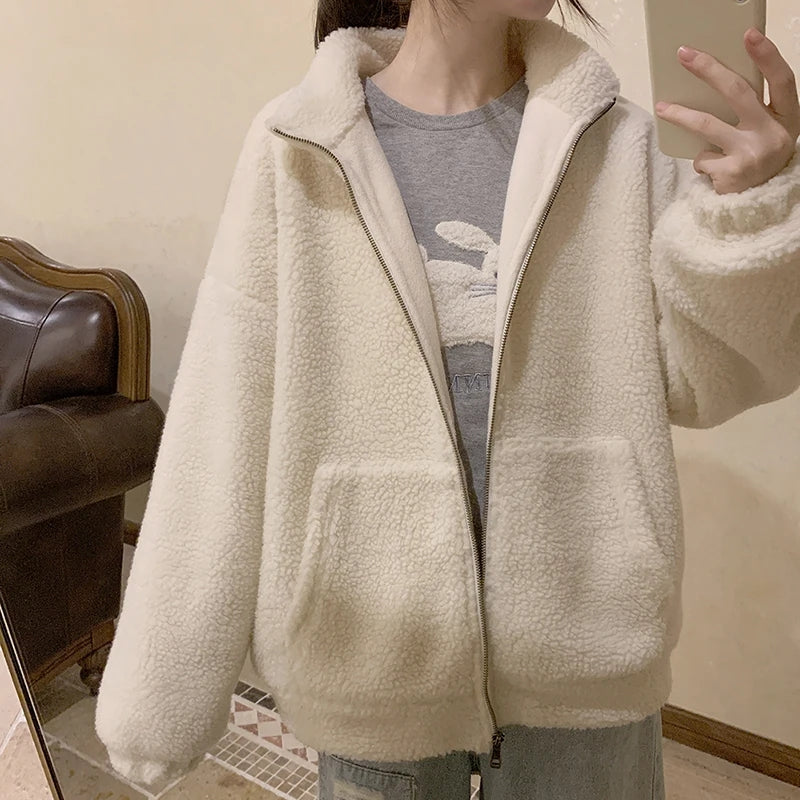 Fluffy Fleece Bear Embroidery Loose Zipper Jacket